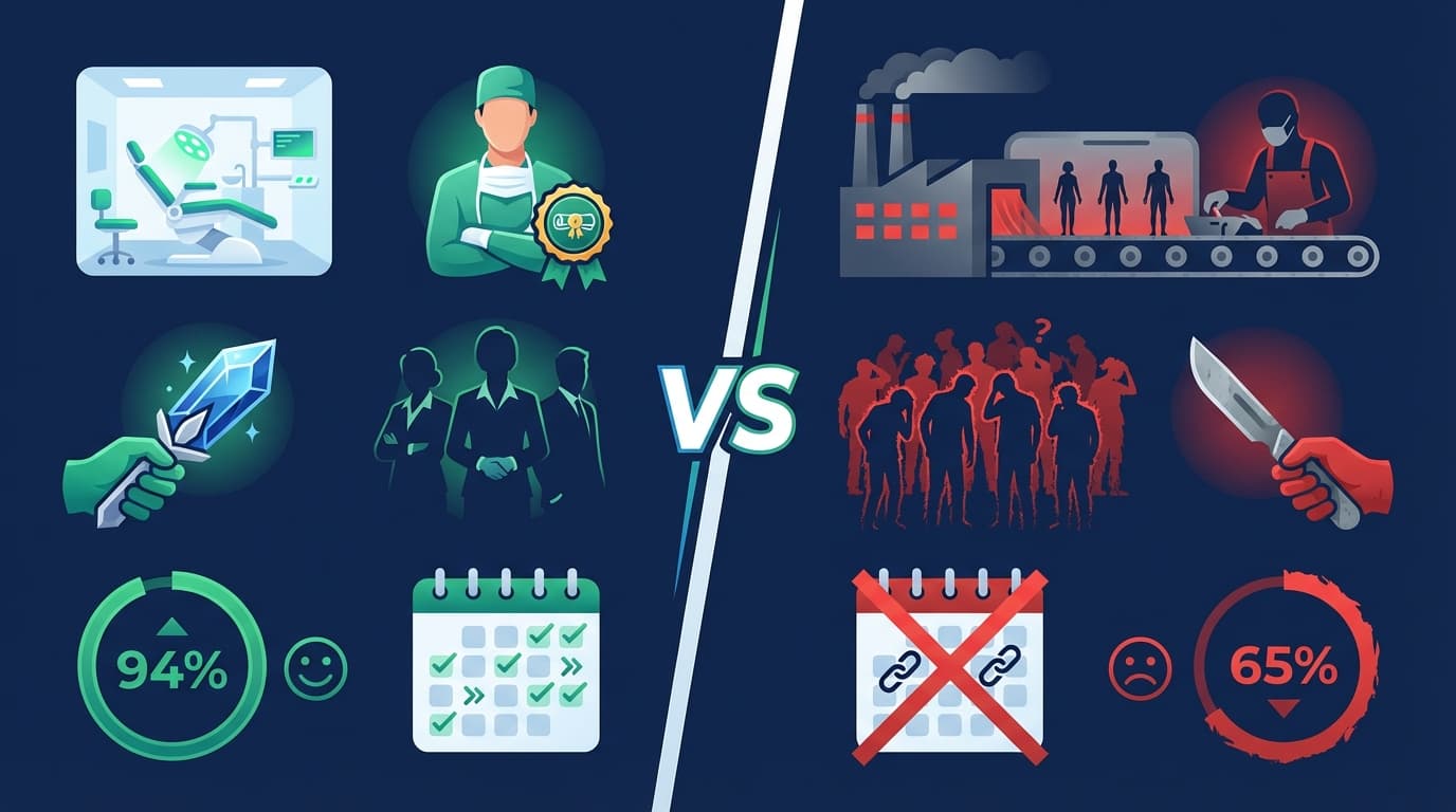 Clinique certifiée vs usine à greffes | Renaissance Clinique Tableau comparatif clinique certifiée JCI vs usine à greffes — nombre de patients, présence chirurgien, suivi, prix, résultat