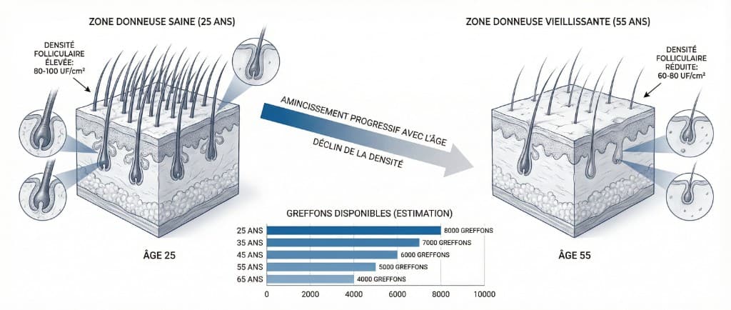 Évolution de la densité de la zone donneuse et des greffons disponibles de 25 à 65 ans — Capital folliculaire et planification greffe capillaire | Renaissance Clinique Diagramme médical comparatif de la zone donneuse selon l'âge : à gauche, coupe anatomique du cuir chevelu à 25 ans avec densité folliculaire élevée (80-100 UF/cm², follicules denses et épais) ; à droite, cuir chevelu vieillissant à 55 ans avec densité réduite (60-80 UF/cm², follicules amincis et espacés). Au centre : flèche d'amincissement progressif avec le déclin de la densité. En bas : graphique à barres horizontales des greffons disponibles par âge — 25 ans (8 000), 35 ans (7 000), 45 ans (6 000), 55 ans (5 000), 65 ans (4 000)
