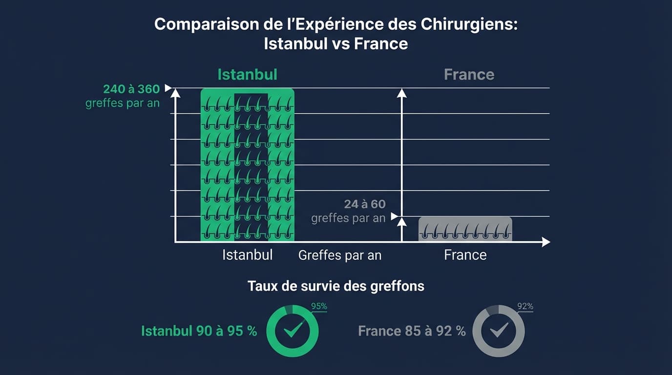 Expérience chirurgiens greffe capillaire Istanbul vs France | Renaissance Clinique Graphique comparatif de l'expérience des chirurgiens : 240-360 greffes par an à Istanbul vs 24-60 en France, taux de survie des greffons 90-95 %