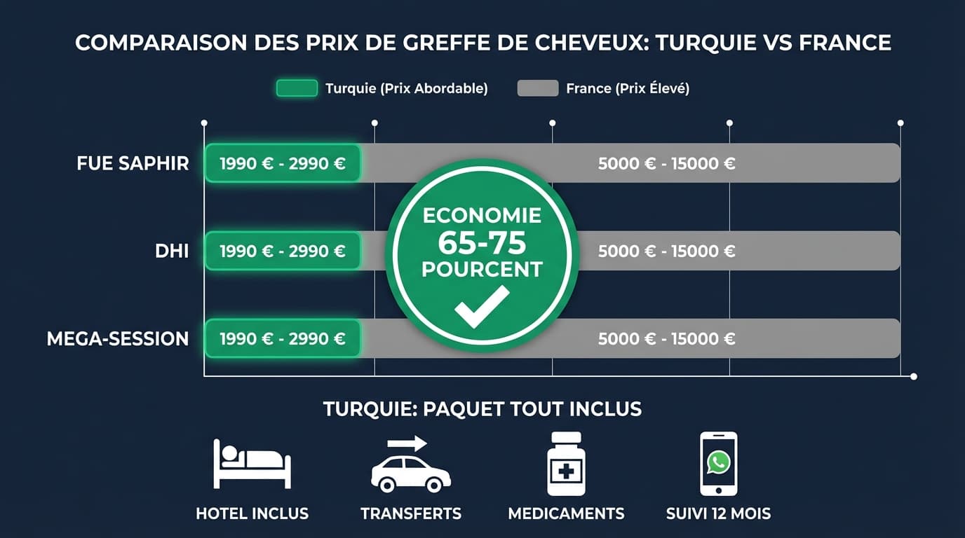Prix Greffe de Cheveux Turquie vs France 2026 | Renaissance Clinique Infographie comparant les prix de greffe de cheveux entre la Turquie et la France — FUE Saphir, DHI, méga-session avec économies de 65-75 %