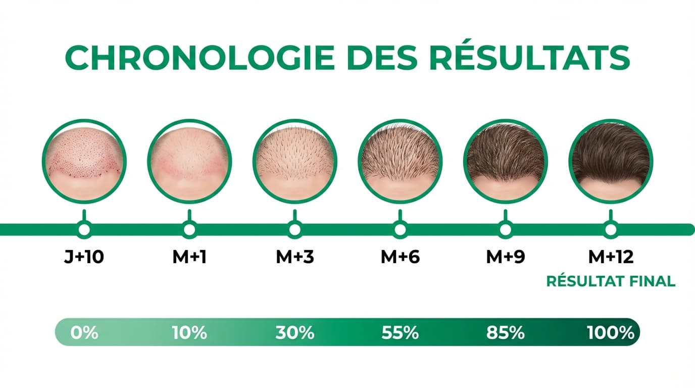 Résultats greffe de cheveux mois par mois | Renaissance Clinique Chronologie des résultats de greffe de cheveux sur 12 mois : de J+10 croûtes tombées à M+12 résultat final dense et naturel