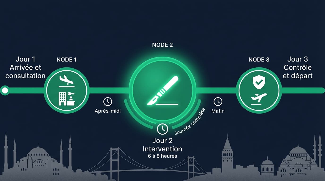 Déroulement séjour 3 jours greffe capillaire Istanbul | Renaissance Clinique Timeline du séjour greffe de cheveux à Istanbul : Jour 1 arrivée et consultation, Jour 2 intervention FUE Saphir 6-8h, Jour 3 contrôle post-opératoire et départ
