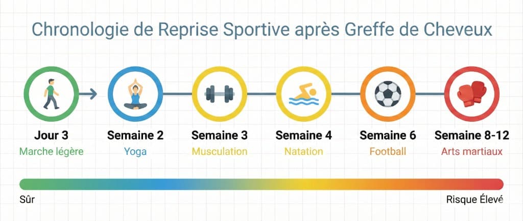 Chronologie de reprise sportive après greffe de cheveux — Calendrier par activité et niveau de risque | Renaissance Clinique Infographie chronologie de reprise sportive après greffe de cheveux : marche légère dès Jour 3 (risque faible), yoga Semaine 2, musculation Semaine 3, natation Semaine 4, football Semaine 6, arts martiaux Semaine 8-12 (risque élevé) — gradient de sûr à risque élevé
