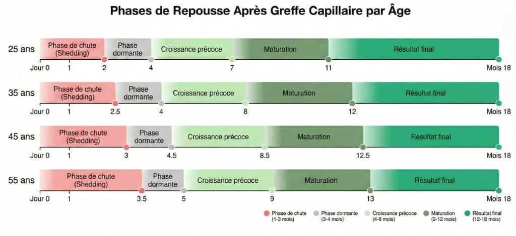 Phases de repousse après greffe capillaire par âge : comparaison des timelines de shedding, dormance, croissance et résultat final entre 25, 35, 45 et 55 ans | Renaissance Clinique Graphique comparatif des phases de repousse après greffe capillaire selon l'âge du patient (25, 35, 45 et 55 ans). Quatre timelines parallèles horizontales du jour 0 au mois 18 : phase de chute (shedding, rouge, mois 1-2 à 3.5 selon l'âge), phase dormante (gris, mois 2-5), croissance précoce (vert clair, mois 4-9), maturation (vert foncé, mois 7-13), résultat final (émeraude, mois 11-18). Les patients de 25 ans atteignent le résultat final dès le mois 11, contre le mois 13 pour les patients de 55 ans. Légende colorée en bas : phase de chute (1-3 mois), phase dormante (3-4 mois), croissance précoce (4-8 mois), maturation (2-12 mois), résultat final (12-18 mois)