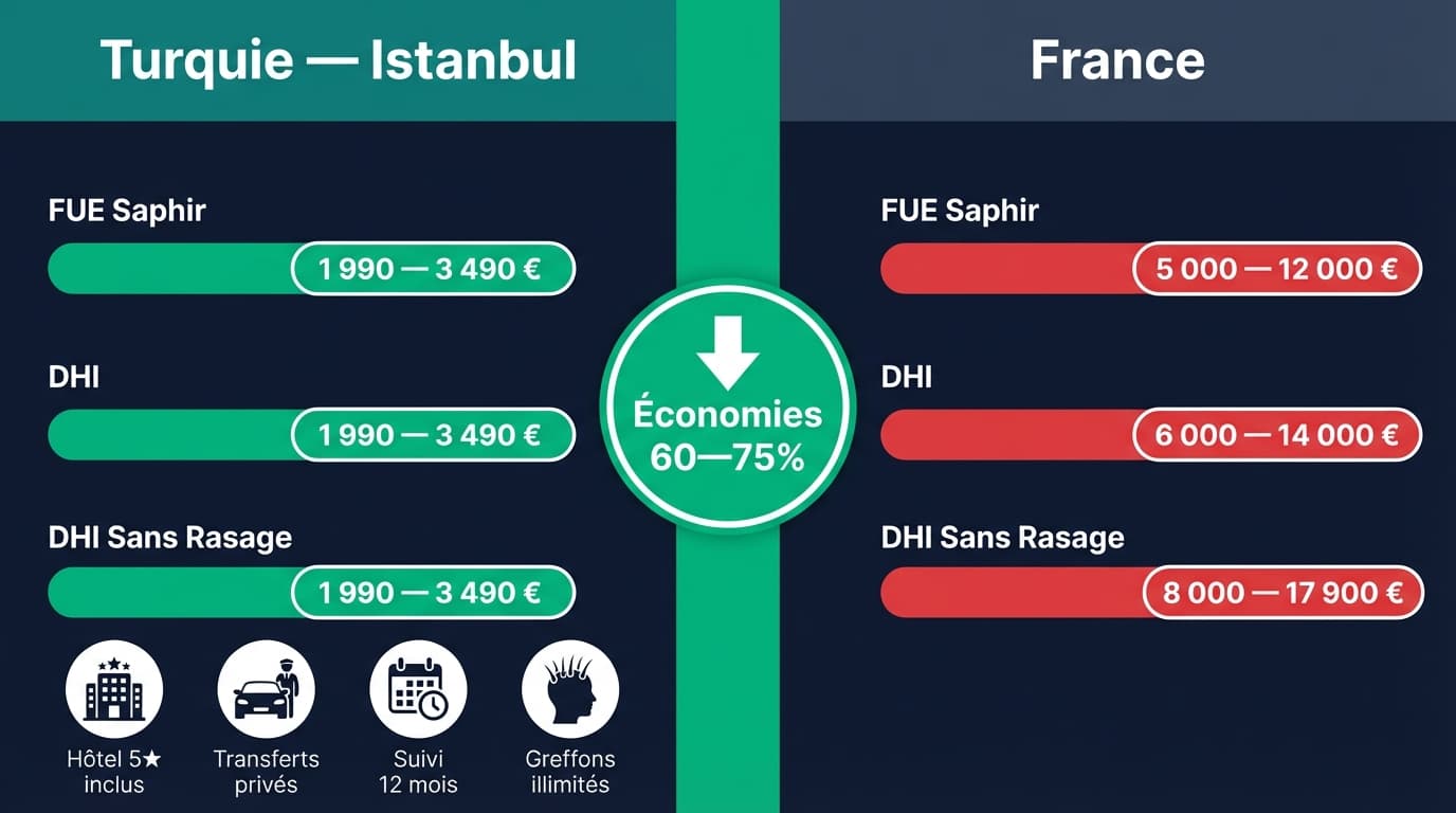 Prix greffe de cheveux Turquie vs France : infographie comparatif 2026 Comparaison prix greffe de cheveux Turquie vs France 2026 — tableau FUE Saphir DHI