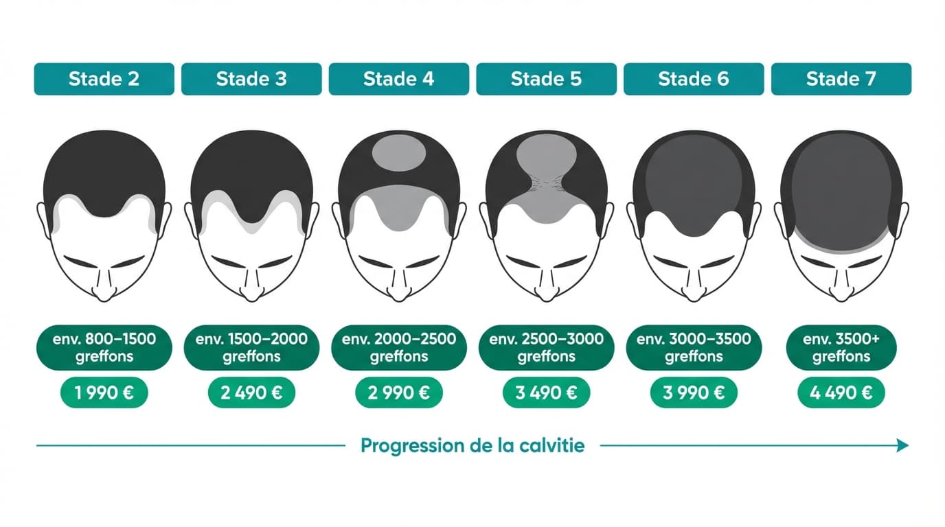 Prix greffe de cheveux par stade Norwood : de 1 990 € à 3 490 € Échelle Norwood stades 1 à 7 avec prix greffe de cheveux correspondants Istanbul 2026