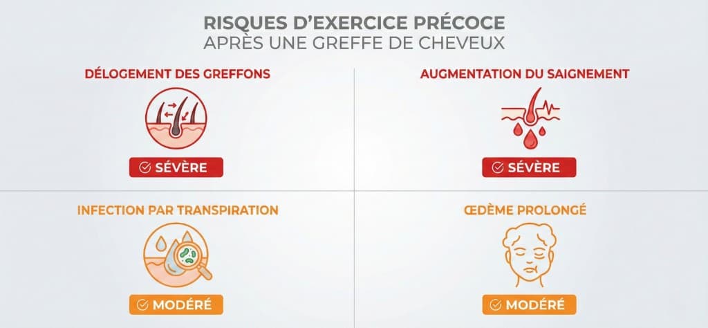 Risques d'exercice précoce après greffe de cheveux — Délogement, saignement, infection, œdème | Renaissance Clinique Infographie des 4 risques d'exercice précoce après greffe de cheveux : délogement des greffons (sévère), augmentation du saignement (sévère), infection par transpiration (modéré), œdème prolongé (modéré) — chaque risque illustré avec icône et niveau de gravité