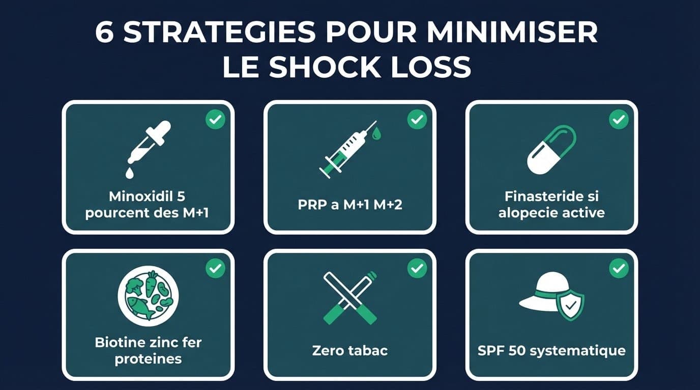 6 Stratégies pour Minimiser le Shock Loss — Protocole Post-Greffe | Renaissance Clinique Infographie des 6 stratégies pour minimiser le shock loss : minoxidil, PRP, finastéride, nutrition, arrêt tabac, protection solaire SPF 50 avec icônes et descriptions