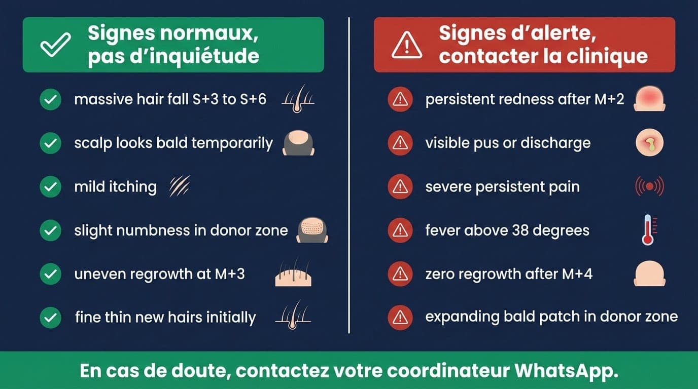Signaux Normaux vs Signaux d'Alerte Pendant le Shock Loss | Renaissance Clinique Infographie comparant les signaux normaux du shock loss (chute, démangeaisons, rougeurs légères) et les signaux d'alerte (infection, douleur, kyste) avec code couleur vert/rouge