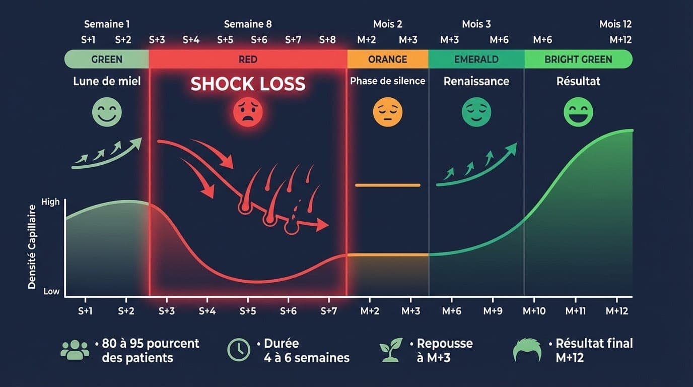 Timeline Complète du Shock Loss — De la Chute à la Repousse | Renaissance Clinique Infographie timeline complète du shock loss de S+1 à M+12 : zone de chute en rouge (S+2 à S+8), zone de repos en bleu (M+2-M+3), zone de repousse en vert (M+3 à M+12)