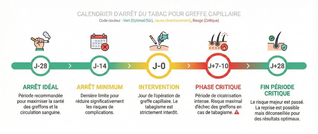 Calendrier d'arrêt du tabac pour greffe capillaire — Protocole de sevrage J-28 à J+28 | Renaissance Clinique Calendrier d'arrêt du tabac pour greffe capillaire en 5 étapes avec code couleur (vert optimal, jaune avertissement, rouge critique) : J-28 arrêt idéal — période recommandée pour maximiser la santé des greffons et la circulation sanguine ; J-14 arrêt minimum — dernière limite pour réduire significativement les risques de complications ; J-0 intervention — jour de l'opération, tabagisme strictement interdit ; J+7-10 phase critique — période de cicatrisation intense, risque maximal d'échec des greffons en cas de tabagisme ; J+28 fin période critique — le risque majeur est passé, la reprise est possible mais déconseillée