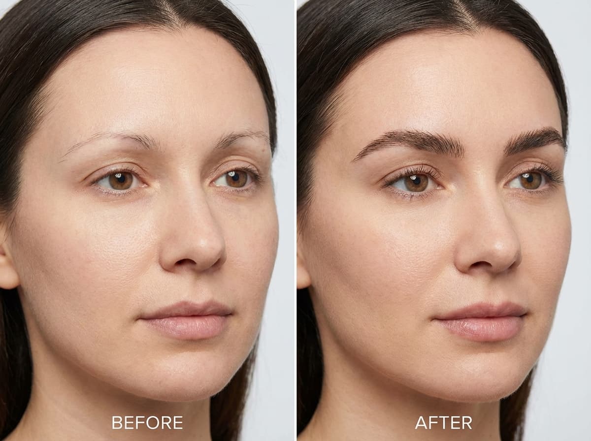 Résultat avant/après greffe de sourcils — Transformation à 12 mois | Renaissance Clinique Avant/après greffe de sourcils DHI à Istanbul : résultat à 12 mois montrant la transformation de sourcils clairsemés vers des sourcils fournis, naturels et parfaitement dessinés