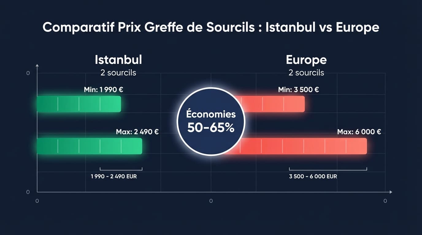 Comparaison des prix de greffe de sourcils 2026 — Turquie vs Europe | Renaissance Clinique Infographie comparative des prix de greffe de sourcils par pays en 2026 : Turquie 1 990-2 490 €, France 3 500-6 000 €, Belgique 3 000-5 500 €, Suisse 5 000-10 000 CHF
