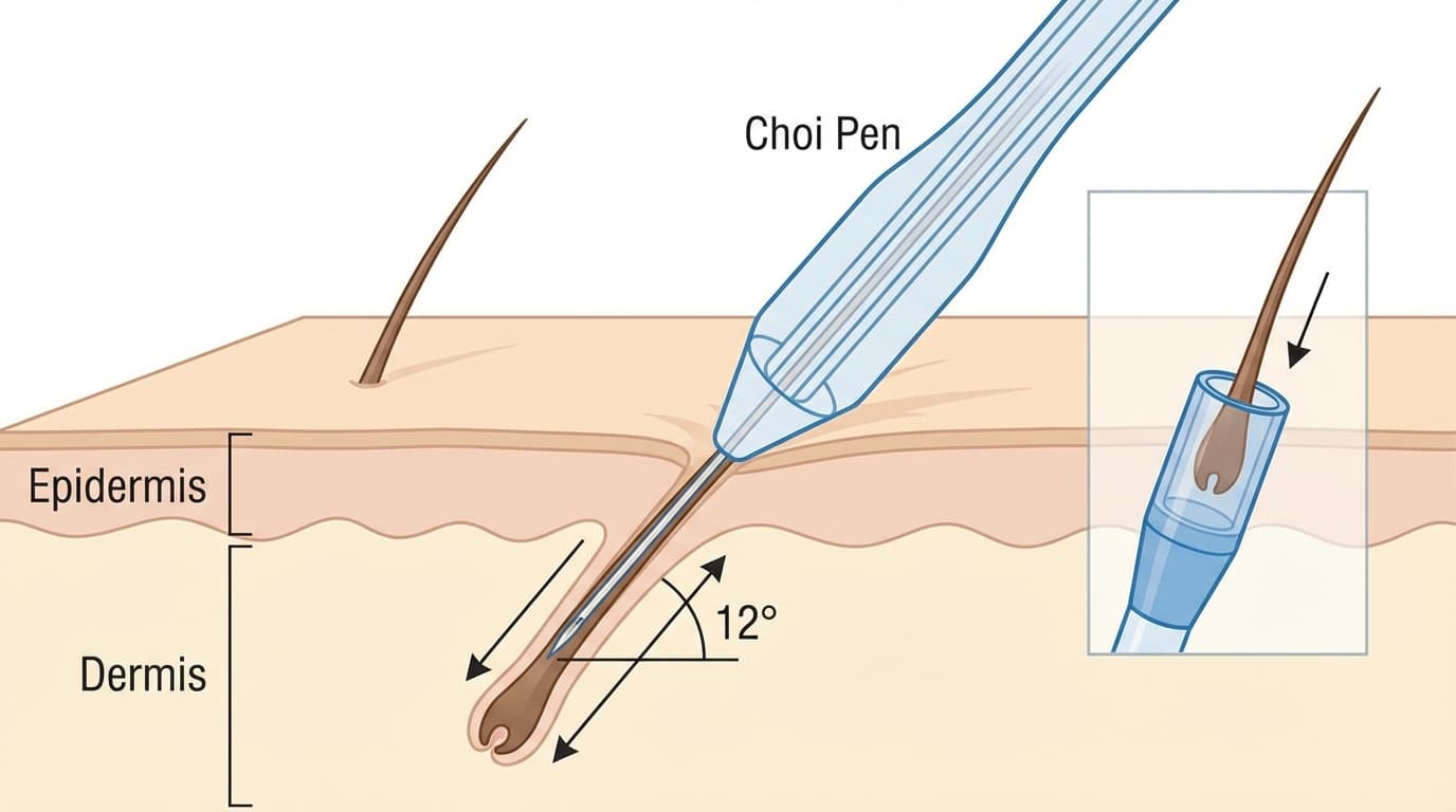 Technique DHI Choi Pen pour greffe de sourcils — Implantation poil par poil | Renaissance Clinique Technique DHI au stylo Choi pour greffe de sourcils : implantation directe avec angle de 10-15° reproduisant la direction naturelle du poil sourcilier
