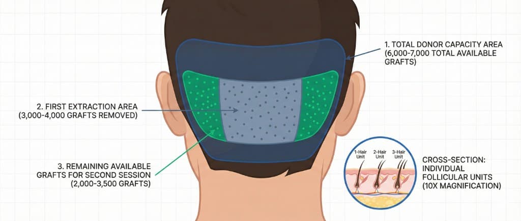 Capacité de la Zone Donneuse après Première Extraction — Greffons Disponibles pour la 2ème Séance de Greffe Capillaire | Renaissance Clinique Vue postérieure d'une tête masculine illustrant la capacité de la zone donneuse pour la greffe de cheveux : 1) zone donneuse totale (zone occipitale en bleu foncé, 6 000-7 000 greffons disponibles), 2) zone de première extraction (en gris-bleu avec marqueurs de follicules extraits, 3 000-4 000 greffons prélevés), 3) greffons résiduels disponibles pour la 2ème séance (en vert, 2 000-3 500 greffons). Encart en coupe transversale montrant les unités folliculaires individuelles au grossissement 10x (1-Hair Unit, 2-Hair Unit, 3-Hair Unit)
