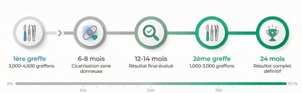 Chronologie du Parcours de Greffe Capillaire en 2 Séances — 5 Étapes sur 24 Mois (Cicatrisation, Évaluation, Résultat Définitif) | Renaissance Clinique Chronologie horizontale du parcours de greffe de cheveux en deux séances sur 24 mois — 5 étapes : 1) 1ère greffe (3 000-4 500 greffons, icône instruments chirurgicaux), 2) 6-8 mois cicatrisation zone donneuse (icône pansement), 3) 12-14 mois résultat final évalué (icône loupe avec coche de validation), 4) 2ème greffe (1 000-3 000 greffons, icône instruments en vert), 5) 24 mois résultat complet définitif (icône trophée). Barre de progression de 0 % à 100 % avec gradient gris vers vert émeraude