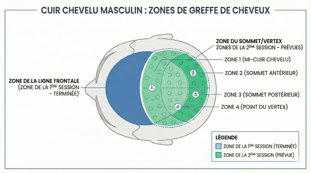 Cartographie des Zones de Greffe Capillaire — 1ère Séance (Ligne Frontale) vs 2ème Séance (Vertex) | Renaissance Clinique Schéma du cuir chevelu masculin illustrant les zones de greffe de cheveux : zone de la ligne frontale (1ère séance terminée, en bleu) et zones du sommet/vertex planifiées pour la 2ème séance (en vert) — zone 1 mi-cuir chevelu, zone 2 sommet antérieur, zone 3 sommet postérieur, zone 4 point du vertex