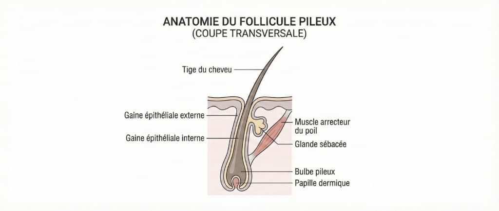 Anatomie du follicule pileux — Greffe de Cheveux | Renaissance Clinique Schéma détaillé de l'anatomie d'un follicule pileux en coupe transversale : tige du cheveu, gaine épithéliale externe et interne, muscle arrecteur du poil, glande sébacée, bulbe pileux et papille dermique