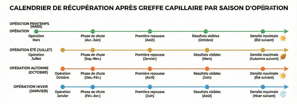 Calendrier de récupération et repousse après greffe de cheveux selon la saison d'opération : timeline printemps, été, automne, hiver — du shedding à la densité maximale | Renaissance Clinique Calendrier de récupération après greffe capillaire par saison d'opération, 4 timelines horizontales parallèles : Opération Printemps (mars) — phase de chute avril-juin → première repousse août → résultats visibles octobre → densité maximale été suivant (icône soleil). Opération Été (juillet) — phase de chute sept-nov → première repousse janvier → résultats visibles mars → densité maximale automne suivant. Opération Automne (octobre) — phase de chute déc-fév → première repousse avril → résultats visibles juin → densité maximale été suivant (icône soleil). Opération Hiver (janvier) — phase de chute fév-avr → première repousse juin → résultats visibles août → densité maximale hiver suivant (icône flocon). Chaque phase marquée par des nœuds circulaires sur une flèche colorée selon la saison (vert, orange, orange foncé, bleu).