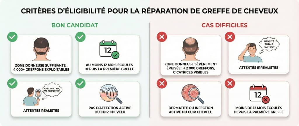 Critères d'éligibilité à la réparation de greffe capillaire — Bon candidat vs cas difficiles | Renaissance Clinique Critères d'éligibilité pour la réparation de greffe de cheveux — Bon candidat : zone donneuse suffisante (4 000+ greffons exploitables), au moins 12 mois écoulés depuis la première greffe, attentes réalistes (amélioration pas perfection), pas d'affection active du cuir chevelu. Cas difficiles : zone donneuse sévèrement épuisée (moins de 2 000 greffons, cicatrices visibles), attentes irréalistes (densité totale partout), dermatite ou infection active du cuir chevelu, moins de 12 mois écoulés depuis la première greffe