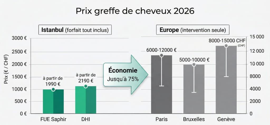 Prix Greffe de Cheveux 2026 — Comparaison Istanbul (Forfait Tout Inclus) vs Europe (Intervention Seule) | Renaissance Clinique Graphique comparatif des prix de greffe de cheveux en 2026 : Istanbul forfait tout inclus (FUE Saphir à partir de 1 990 €, Choi Pen à partir de 2 190 €) vs Europe intervention seule (Paris 6 000-12 000 €, Bruxelles 5 000-10 000 €, Genève 8 000-15 000 CHF), soit jusqu'à 75 % d'économie