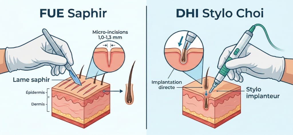 FUE Saphir vs Choi Pen Stylo Choi — Comparaison des techniques de greffe capillaire masculine | Renaissance Clinique Comparaison technique FUE Saphir vs Choi Pen Stylo Choi pour greffe de cheveux homme : à gauche, lame saphir réalisant des micro-incisions de 1,0 à 1,3 mm dans l'épiderme et le derme — à droite, stylo implanteur Choi effectuant une implantation directe du greffon sans pré-incision