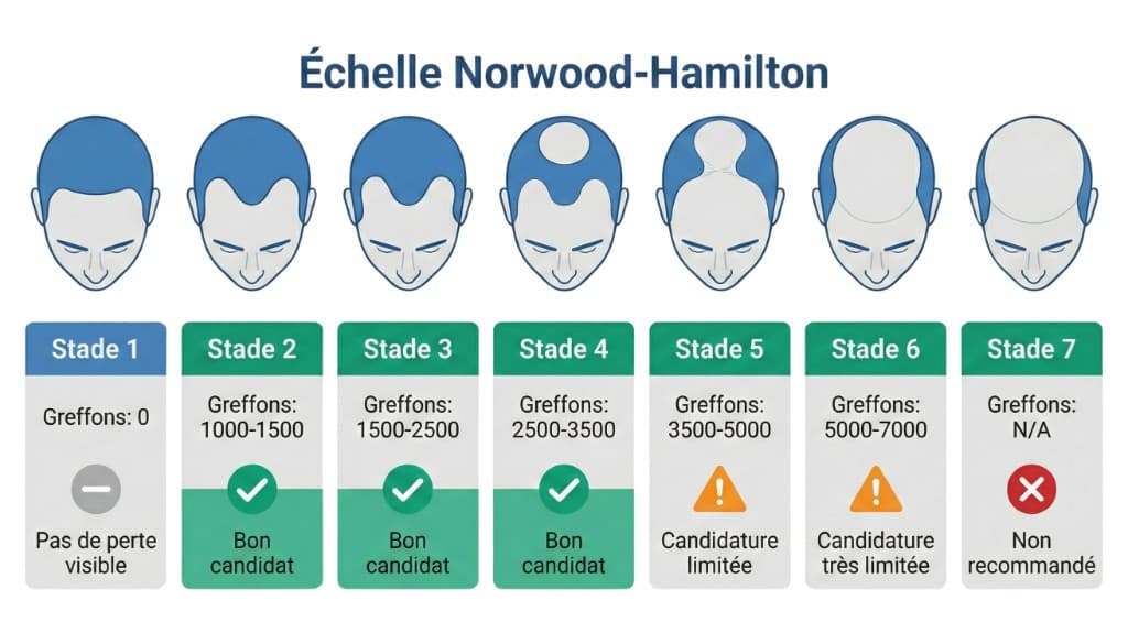 Échelle Norwood-Hamilton — Nombre de Greffons et Candidature par Stade de Calvitie | Renaissance Clinique Infographie de l'échelle Norwood-Hamilton : 7 stades de calvitie masculine avec nombre de greffons recommandés par stade (stade 1 : 0 greffon, stade 2 : 1 000-1 500, stade 3 : 1 500-2 500, stade 4 : 2 500-3 500, stade 5 : 3 500-5 000, stade 6 : 5 000-7 000, stade 7 : non recommandé) et indicateur de candidature (bon candidat, candidature limitée, non recommandé)
