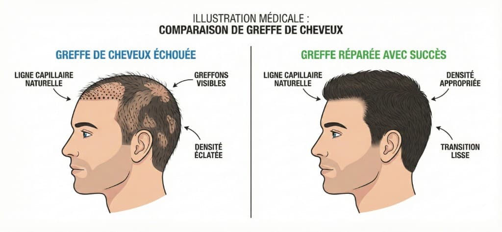 Greffe de cheveux échouée vs réparée avec succès — Comparaison visuelle | Renaissance Clinique Illustration médicale comparative d'une greffe de cheveux échouée (ligne capillaire irrégulière, greffons visibles, densité éclaircie) versus une greffe réparée avec succès (ligne capillaire naturelle, densité appropriée, transition lisse) — vue de profil côte à côte