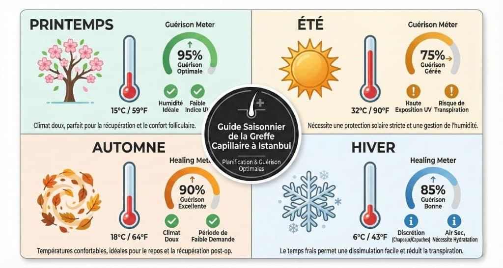 Guide saisonnier greffe capillaire Istanbul : score de guérison, température et précautions par saison (printemps 95%, été 75%, automne 90%, hiver 85%) | Renaissance Clinique Guide saisonnier de la greffe capillaire à Istanbul en 4 quadrants : Printemps (15°C/59°F, guérison optimale 95%, humidité idéale, faible indice UV — climat doux parfait pour la récupération et le confort folliculaire), Été (32°C/90°F, guérison gérée 75%, haute exposition UV, risque de transpiration — nécessite protection solaire stricte), Automne (18°C/64°F, guérison excellente 90%, climat doux, période de faible demande — températures confortables idéales pour le repos post-op), Hiver (6°C/43°F, guérison bonne 85%, discrétion par chapeaux/capuches, air sec nécessitant hydratation — dissimulation facile et transpiration réduite). Badge central : Guide Saisonnier de la Greffe Capillaire à Istanbul — Planification & Guérison Optimales.