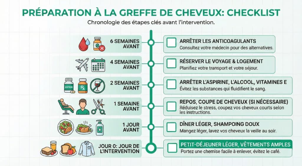 Checklist Préparation Greffe de Cheveux — Chronologie 6 semaines à J0 | Renaissance Clinique Infographie checklist préparation greffe de cheveux : chronologie des 6 étapes clés avant l'intervention — 6 semaines avant (arrêter anticoagulants), 4 semaines avant (réserver voyage et logement à Istanbul), 2 semaines avant (arrêter aspirine, alcool, vitamines E), 1 semaine avant (repos, coupe de cheveux), 1 jour avant (dîner léger, shampoing doux), Jour 0 (petit-déjeuner léger, vêtements amples)