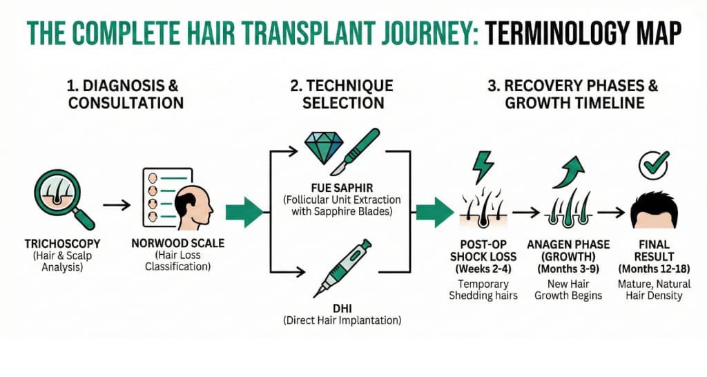 Parcours Complet de la Greffe de Cheveux — Étapes, Techniques et Chronologie | Renaissance Clinique Infographie illustrant le parcours complet de la greffe de cheveux : du diagnostic par trichoscopie et classification Norwood au choix des techniques FUE Saphir ou Choi Pen, puis aux phases de récupération post-opératoire (chute de choc, phase anagène, résultat final)