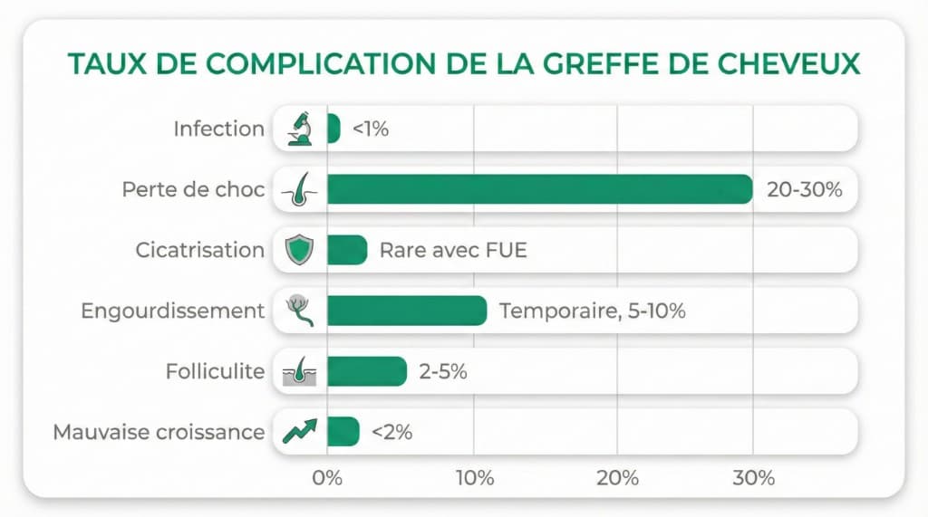 Taux de complication de la greffe de cheveux — Données statistiques par type de risque | Renaissance Clinique Infographie médicale : taux de complications de la greffe de cheveux — Infection (<1%), Perte de choc (20-30%), Cicatrisation (rare avec FUE), Engourdissement temporaire (5-10%), Folliculite (2-5%), Mauvaise croissance (<2%)