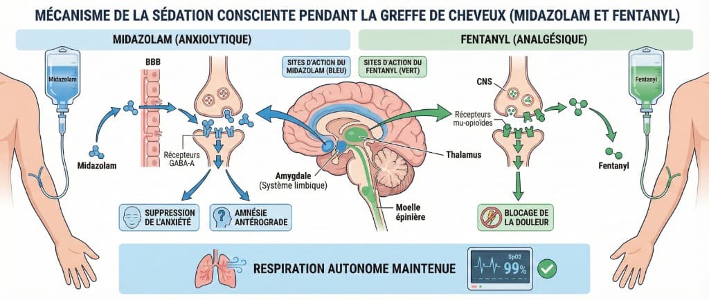 Mécanisme de la sédation légère IV — Midazolam + Fentanyl en greffe capillaire | Renaissance Clinique Schéma médical du double mécanisme de la sédation consciente pendant une greffe de cheveux : voie du midazolam (anxiolytique, récepteurs GABA-A dans le système limbique, amygdale) produisant suppression de l'anxiété et amnésie antérograde, et voie du fentanyl (analgésique opioïde, récepteurs mu-opioïdes dans le thalamus et la moelle épinière) bloquant les signaux douloureux, avec maintien de la respiration autonome (SpO2 99%)