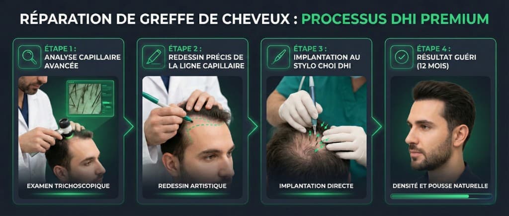 Processus de réparation greffe capillaire Choi Pen en 4 étapes — Protocole premium | Renaissance Clinique Processus Choi Pen premium de réparation de greffe de cheveux en 4 étapes : étape 1 analyse capillaire avancée par examen trichoscopique, étape 2 redessin précis de la ligne capillaire au marqueur chirurgical, étape 3 implantation directe au stylo Choi Pen entre greffons existants, étape 4 résultat guéri à 12 mois montrant densité et pousse naturelle