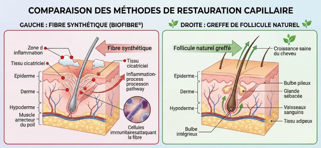 Coupe Transversale : Fibre Synthétique Biofibre® vs Follicule Naturel Greffé — Comparaison Anatomique | Renaissance Clinique Schéma médical en coupe transversale du cuir chevelu comparant une fibre synthétique Biofibre® (à gauche : zone d'inflammation, tissu cicatriciel, cellules immunitaires attaquant la fibre, épiderme-derme-hypoderme) versus un follicule naturel greffé par FUE (à droite : bulbe pileux intègre, glande sébacée, vaisseaux sanguins, croissance saine du cheveu)