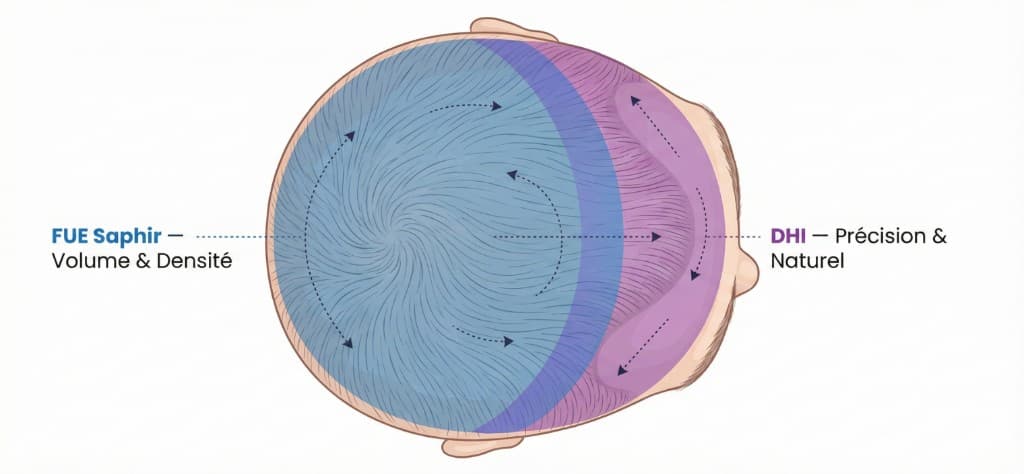 Cartographie des Zones de Traitement Hybride FUE Saphir + Choi Pen — Vue de Dessus du Cuir Chevelu | Renaissance Clinique Schéma vue de dessus (bird's eye) du cuir chevelu masculin montrant les zones de traitement de l'approche hybride greffe capillaire : zone postérieure (vertex, mid-scalp, couronne) en bleu pour la FUE Saphir — Volume & Densité, zone antérieure (ligne frontale, tempes) en violet pour la Choi Pen — Précision & Naturel, avec une zone de transition bleu-violet au mid-scalp et les directions naturelles de pousse des cheveux indiquées par des flèches