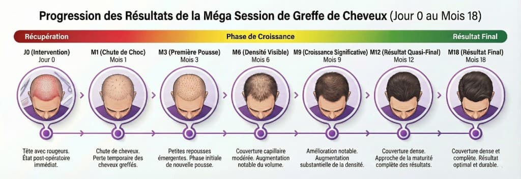 Progression des Résultats Méga Session Greffe de Cheveux — Jour 0 au Mois 18 | Renaissance Clinique Chronologie illustrée de la progression des résultats après méga session de greffe de cheveux, du Jour 0 au Mois 18 : J0 Intervention (tête avec rougeurs, état post-opératoire immédiat), M1 Chute de Choc (perte temporaire des cheveux greffés), M3 Première Pousse (petites repousses émergentes, phase initiale de nouvelle pousse), M6 Densité Visible (couverture capillaire modérée, augmentation notable du volume), M9 Croissance Significative (amélioration notable, augmentation substantielle de la densité), M12 Résultat Quasi-Final (couverture dense, approche de la maturité complète), M18 Résultat Final (couverture dense et complète, résultat optimal et durable). Barre de progression colorée : rouge (récupération) → jaune/vert (phase de croissance) → vert foncé (résultat final).