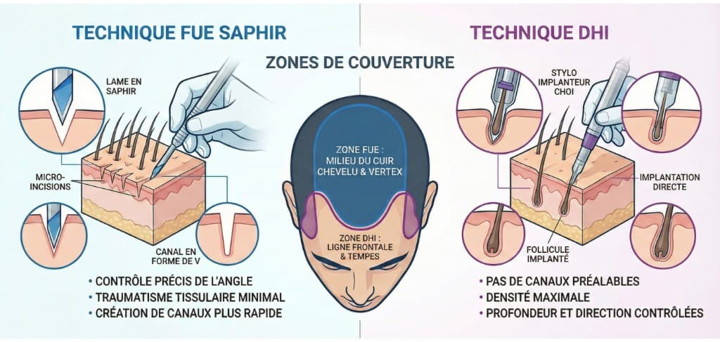Technique FUE Saphir vs Choi Pen Stylo Choi — Zones de Couverture en Méga Session | Renaissance Clinique Comparaison illustrée des techniques FUE Saphir et Choi Pen en méga session : à gauche, la technique FUE Saphir avec lame en saphir créant des micro-incisions en forme de V (contrôle précis de l'angle, traumatisme tissulaire minimal, création de canaux rapide) pour le milieu du cuir chevelu et le vertex ; au centre, diagramme crânien montrant les zones de couverture FUE (mid-scalp, vertex en bleu) et Choi Pen (ligne frontale, tempes en violet) ; à droite, la technique Choi Pen avec stylo implanteur Choi pour implantation directe du follicule (pas de canaux préalables, densité maximale, profondeur et direction contrôlées).