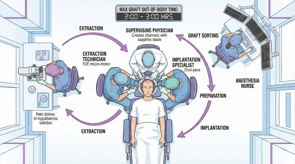 Schéma du Bloc Opératoire Méga Session — Équipe de 6+ Spécialistes en Rotation | Renaissance Clinique Schéma vue de dessus du bloc opératoire lors d'une méga session de greffe capillaire : le patient est allongé au centre, entouré de 6+ spécialistes en rotation — 2 techniciens d'extraction (FUE micro-motor), 1 médecin superviseur (création de canaux à la lame saphir), 1 spécialiste d'implantation (stylo Choi), 1 station de tri et préparation des greffons (boîtes de Petri en solution hypothermique), 1 infirmière anesthésiste (monitoring des constantes). Les flèches violettes montrent le flux de travail circulaire : extraction → tri → préparation → implantation. Horloge affichant le temps hors-corps maximal : 2h00-3h00.