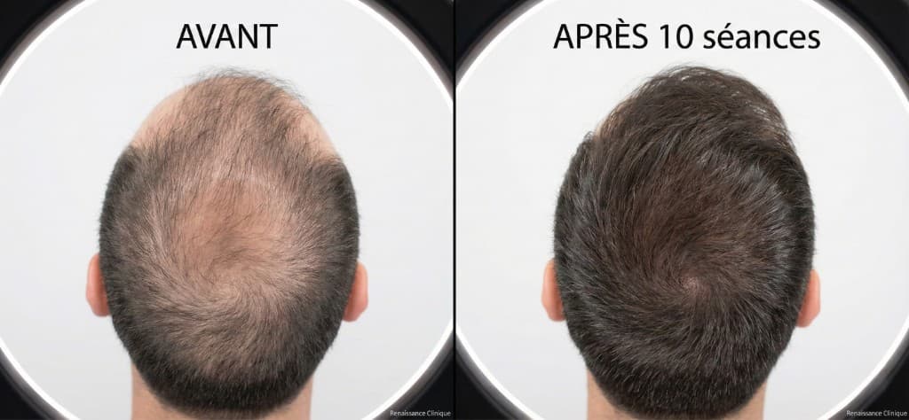 Résultat avant/après mésothérapie capillaire — 10 séances, amélioration de la densité du vertex | Renaissance Clinique Istanbul Résultat avant/après mésothérapie capillaire sur le vertex (sommet du crâne) d'un patient masculin : à gauche (AVANT) — vue plongeante montrant un amincissement capillaire diffus avec cuir chevelu largement visible à travers des cheveux clairsemés, fins et sans volume ; à droite (APRÈS 10 séances) — même angle et même patient montrant une densité capillaire nettement améliorée, cheveux plus épais et plus denses, cuir chevelu beaucoup moins visible, volume et couverture restaurés. Photos prises sous éclairage clinique identique (ring light), fond noir, watermark Renaissance Clinique
