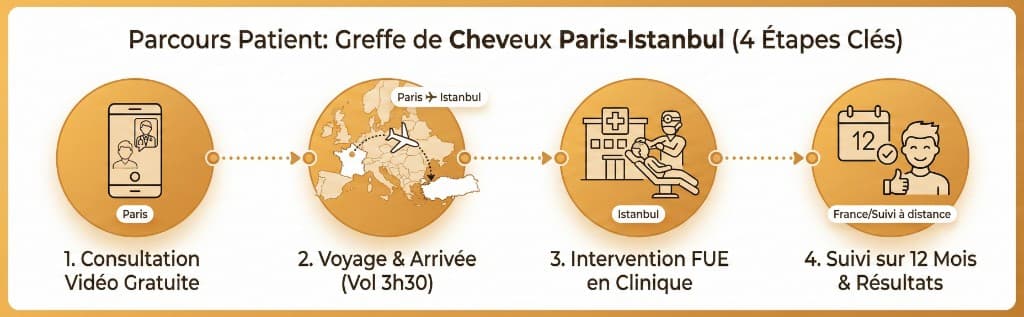 Parcours patient greffe de cheveux Paris-Istanbul en 4 étapes : consultation, vol, intervention FUE et suivi 12 mois | Renaissance Clinique Parcours patient greffe de cheveux Paris-Istanbul en 4 étapes clés : 1. Consultation vidéo gratuite depuis Paris, 2. Voyage et arrivée avec vol direct Paris-Istanbul de 3h30 sur carte de l'Europe, 3. Intervention FUE en clinique à Istanbul, 4. Suivi sur 12 mois et résultats depuis la France à distance. Infographie avec icônes connectées par un chemin pointillé.