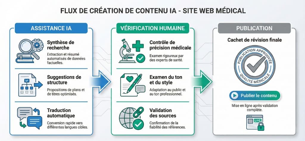 Flux de Création de Contenu IA : Assistance, Vérification Humaine & Publication — Politique Éditoriale | Renaissance Clinique Infographie du flux de création de contenu IA pour site web médical en 3 phases : 1. Assistance IA — synthèse de recherche (extraction et résumé automatisés de données factuelles), suggestions de structure (propositions de plans et de titres optimisés), traduction automatique (conversion rapide vers différentes langues cibles) ; 2. Vérification humaine — contrôle de précision médicale (examen rigoureux par des experts de santé), examen du ton et du style (adaptation au public et au ton professionnel), validation des sources (confirmation de la fiabilité des références) ; 3. Publication — cachet de révision finale « Publication Approuvée — Qualité Médicale », mise en ligne après validation complète