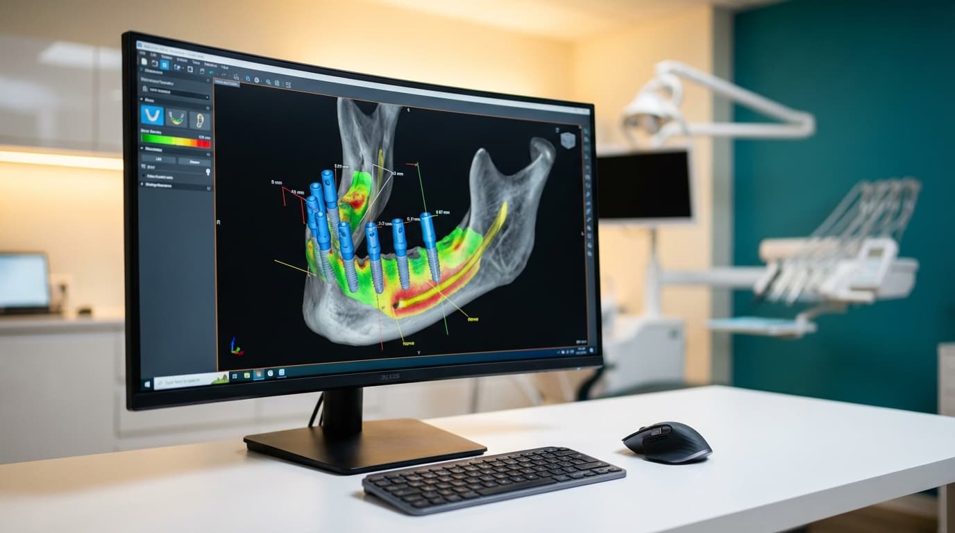Planification CBCT 3D pour All-on-4 et All-on-6 | Renaissance Clinique Istanbul Scanner CBCT 3D affiché sur écran de contrôle montrant la planification des implants All-on-4 et All-on-6 dans la mâchoire d’un patient