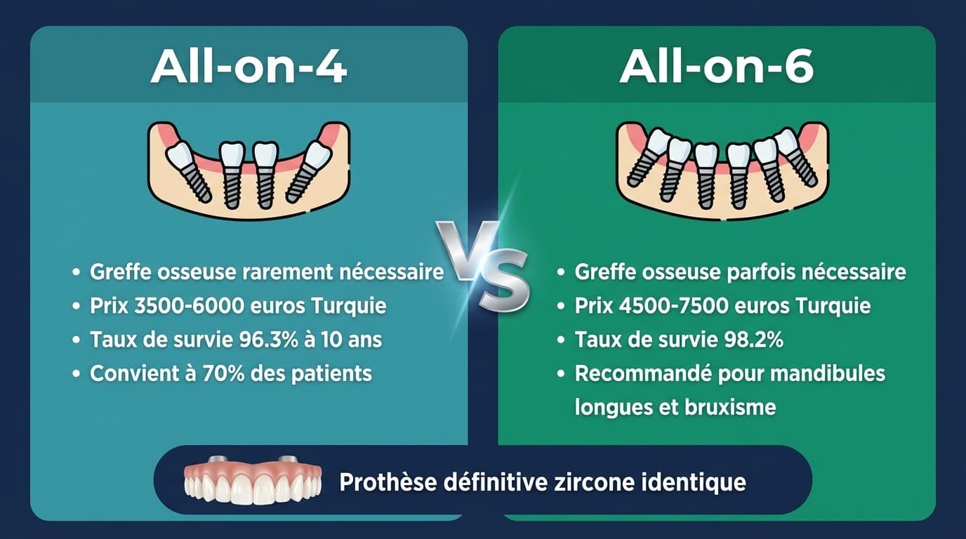Tableau comparatif biomécanique All-on-4 vs All-on-6 | Renaissance Clinique Infographie comparative All-on-4 vs All-on-6 : nombre d'implants, taux de survie, distribution des forces masticatoires et longueur de cantilever