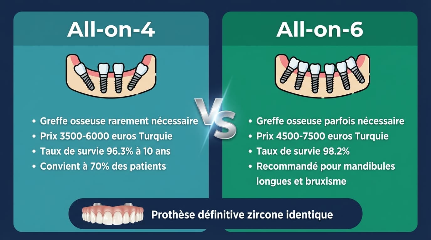 Tableau comparatif biomécanique All-on-4 vs All-on-6 | Renaissance Clinique Infographie comparative All-on-4 vs All-on-6 : nombre d’implants, taux de survie, distribution des forces masticatoires et longueur de cantilever