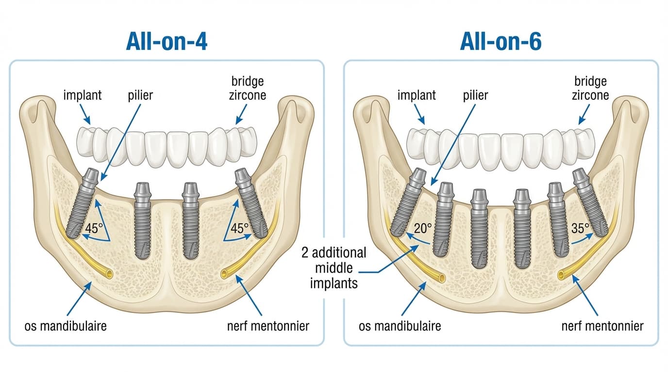 Schéma comparatif All-on-4 vs All-on-6 : placement des implants | Renaissance Clinique Diagramme médical en coupe de mâchoire montrant le placement de 4 implants (All-on-4) versus 6 implants (All-on-6) avec angles d’inclinaison