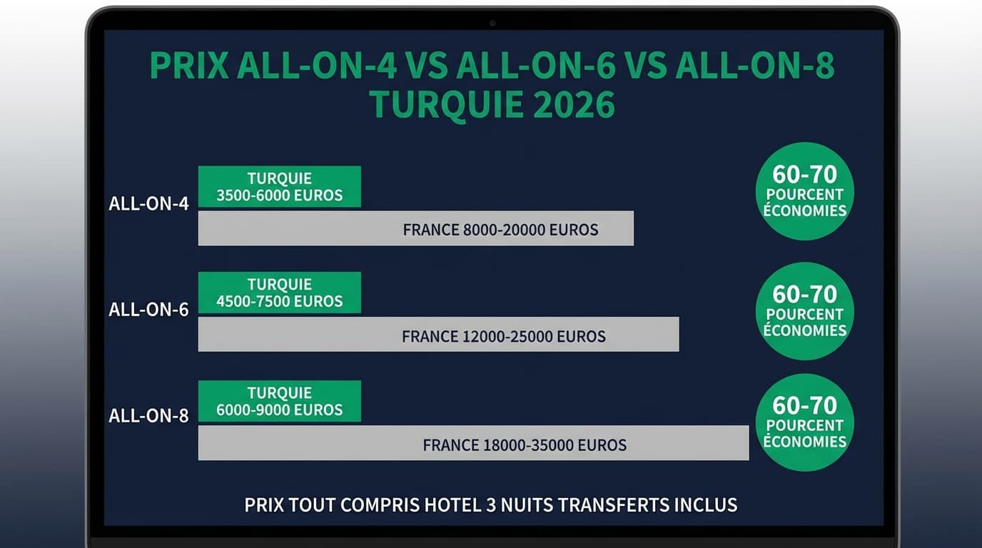 Prix All-on-4 vs All-on-6 vs All-on-8 Turquie vs France 2026 | Renaissance Clinique Infographie comparative des prix All-on-4 vs All-on-6 vs All-on-8 en Turquie et en France avec économies par protocole