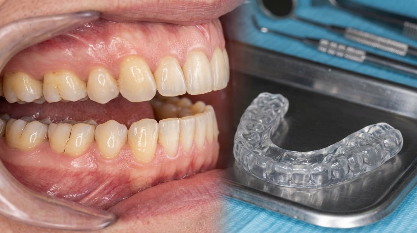 Bruxisme — Traitement par gouttière occlusale | Renaissance Clinique Bruxisme : grincement des dents montrant l'usure de l'émail et une gouttière occlusale sur mesure