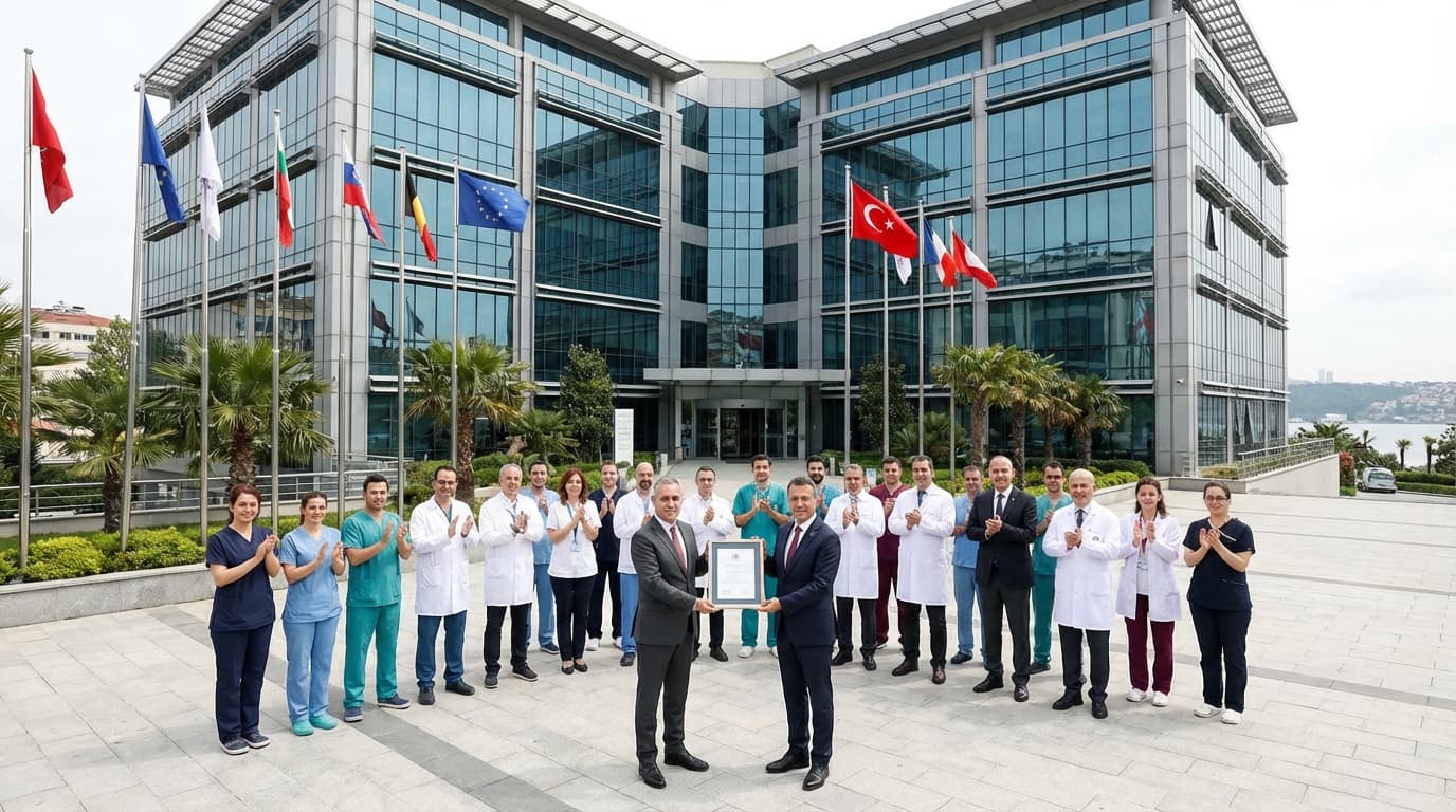 Certification JCI clinique dentaire Istanbul | Renaissance Clinique Certificat d'accréditation JCI affiché dans le hall d'une clinique dentaire moderne à Istanbul