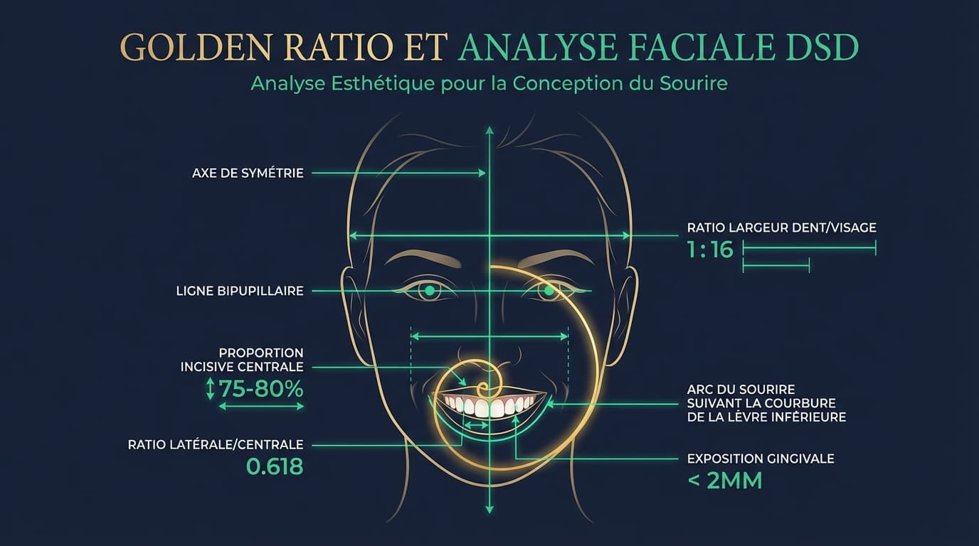 Golden Ratio et proportions dentaires — Digital Smile Design | Renaissance Clinique Infographie montrant les proportions du Golden Ratio appliquees au visage et aux dents : lignes de symetrie, rapport 1.618